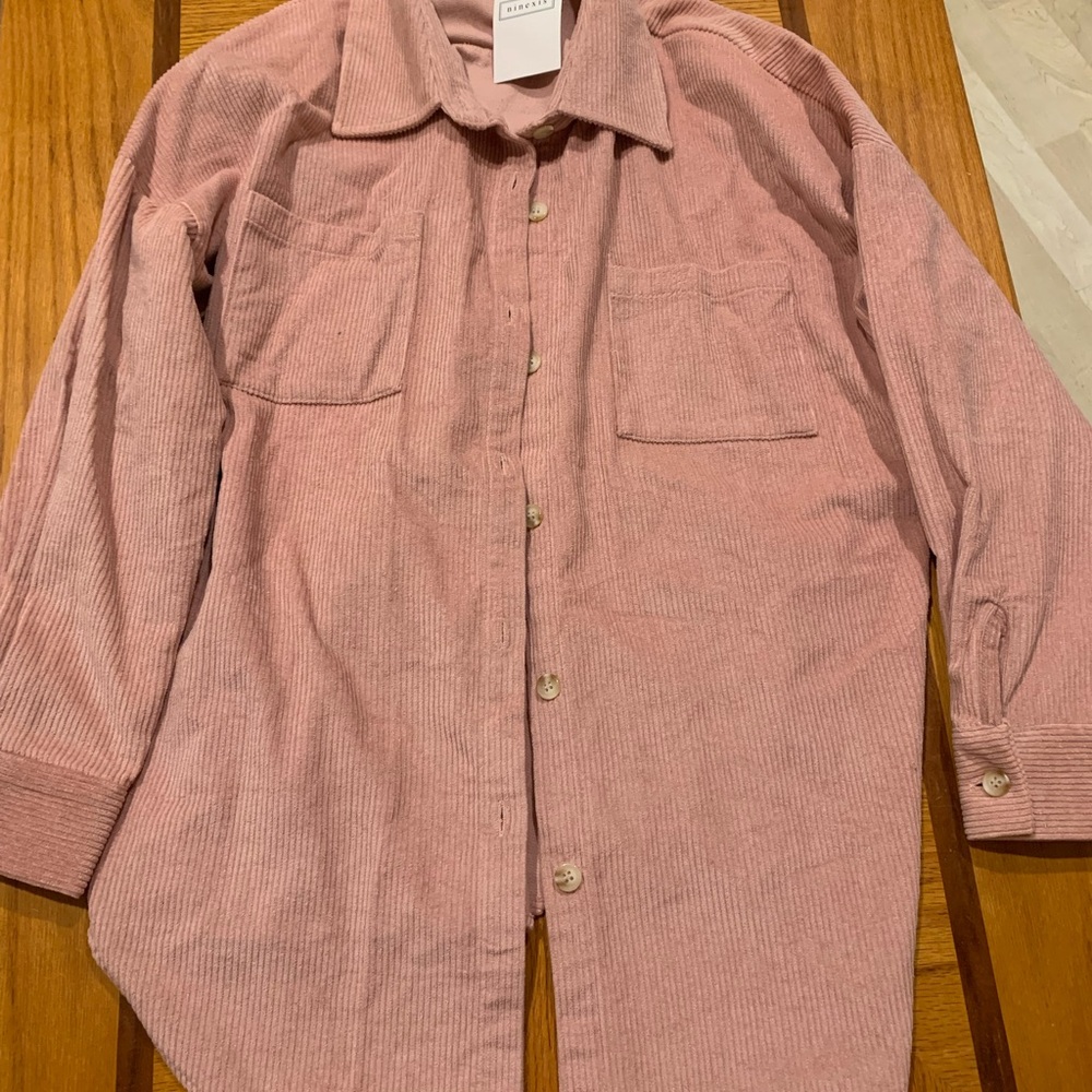 Pink corduroy patch pocket shacket